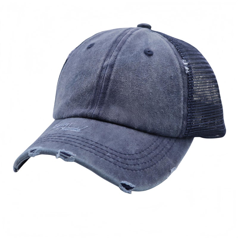 ProMindFun Womens Ponytail High Messy Bun Hats Distressed Baseball Caps Unconstructed Washed Dad Hat Girls Trucker Ponycaps (06-Navy Blue) - Image 4